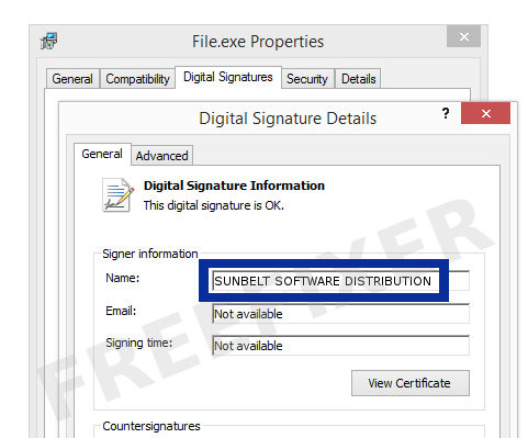 Screenshot of the SUNBELT SOFTWARE DISTRIBUTION certificate